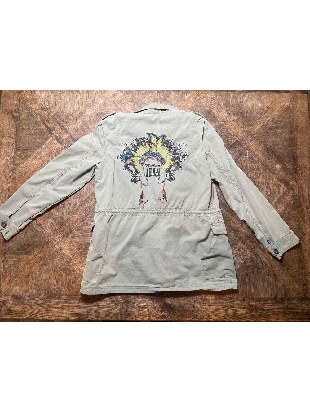 Hangten Jeans Western Tribal Olive Green Lightweight Bomber Jacket Women’s L-082